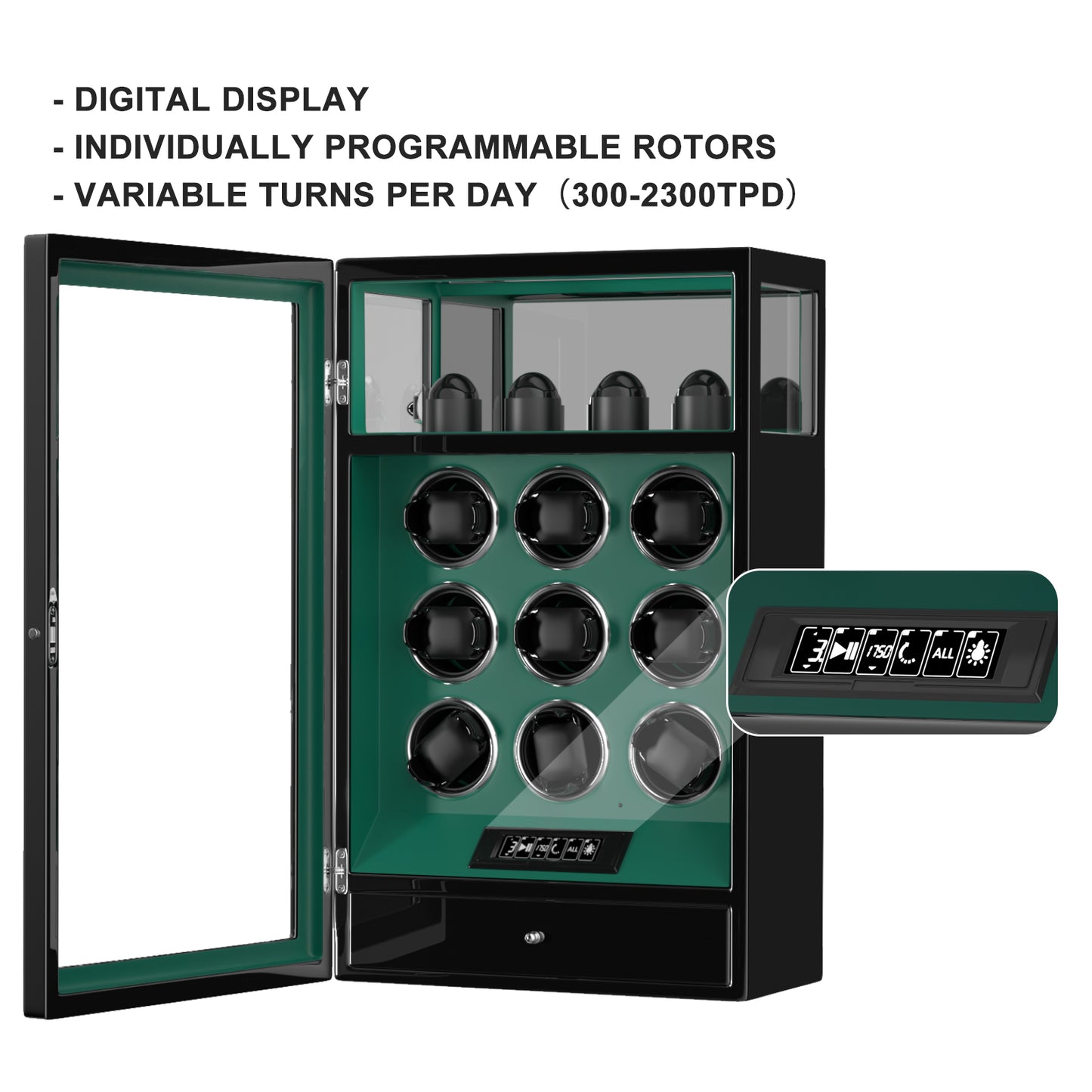 2026 IQ+ Serie - Patentierter, Intelligenter 9 Slot Uhrenbeweger | mit Tastensperre | Extra Standfläche für Schmuck | Schublade für weiteren Stauraum | LCD Touch Display | in Grün - Swatch x AP Royal Pop Strap - Grün