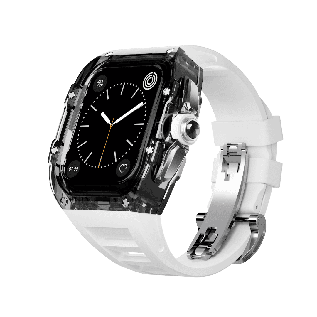 Apple Watch Hülle und Band | Polykarbongehäuse mit Kautschuk-Band | Mittelrahmen Silber/Gold | aus Polykarbonat - Swatch x AP Royal Pop Strap - Schwarz / Weiß