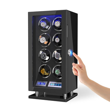 Genius Serie - 8 Slot Uhrenbeweger | mit integrierter Fingerabdruck-Sperre | Smart LCD Touch-Screen | in Schwarz - Scirocco Labs