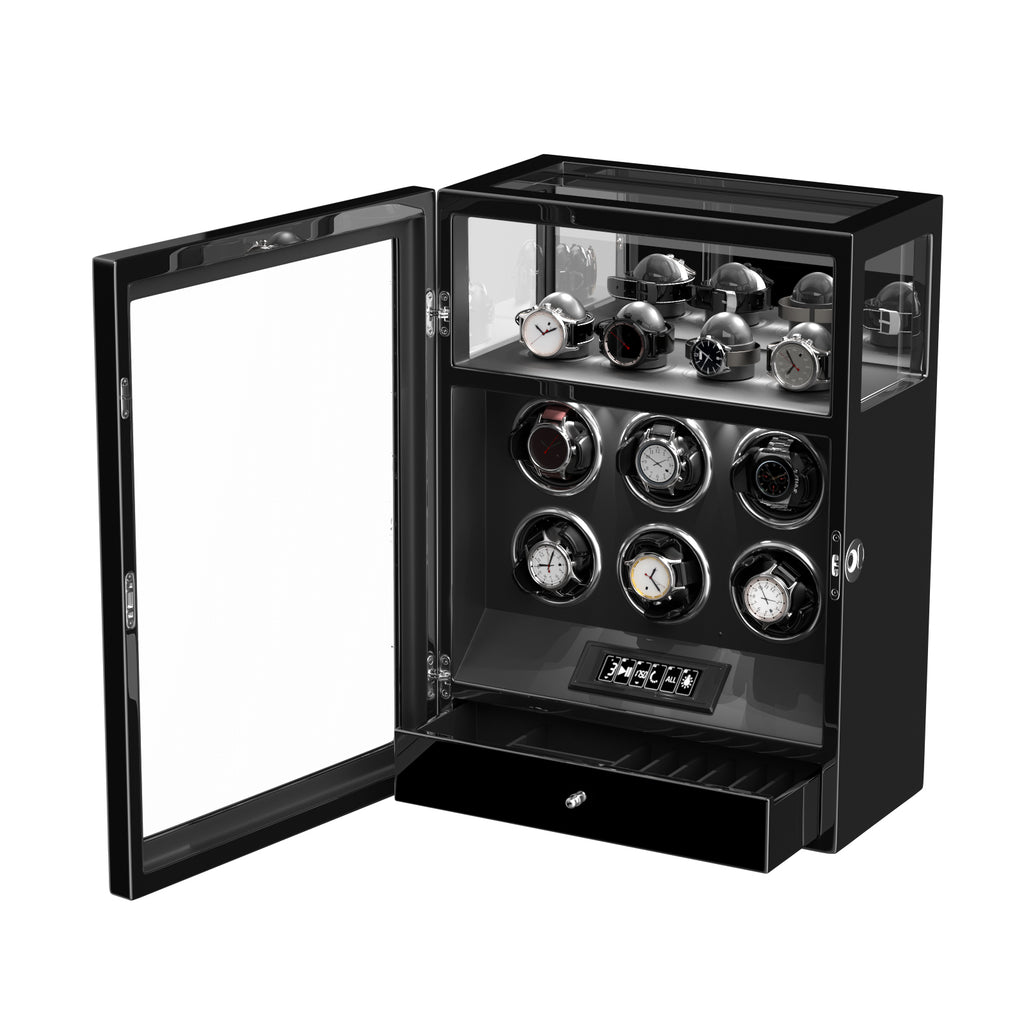 2026 IQ+ Serie - Patentierter, Intelligenter 9 Slot Uhrenbeweger | mit Tastensperre | Extra Standfläche für Schmuck | Schublade für weiteren Stauraum | LCD Touch Display | in Schwarz - Swatch x AP Royal Pop Strap - Schwarz