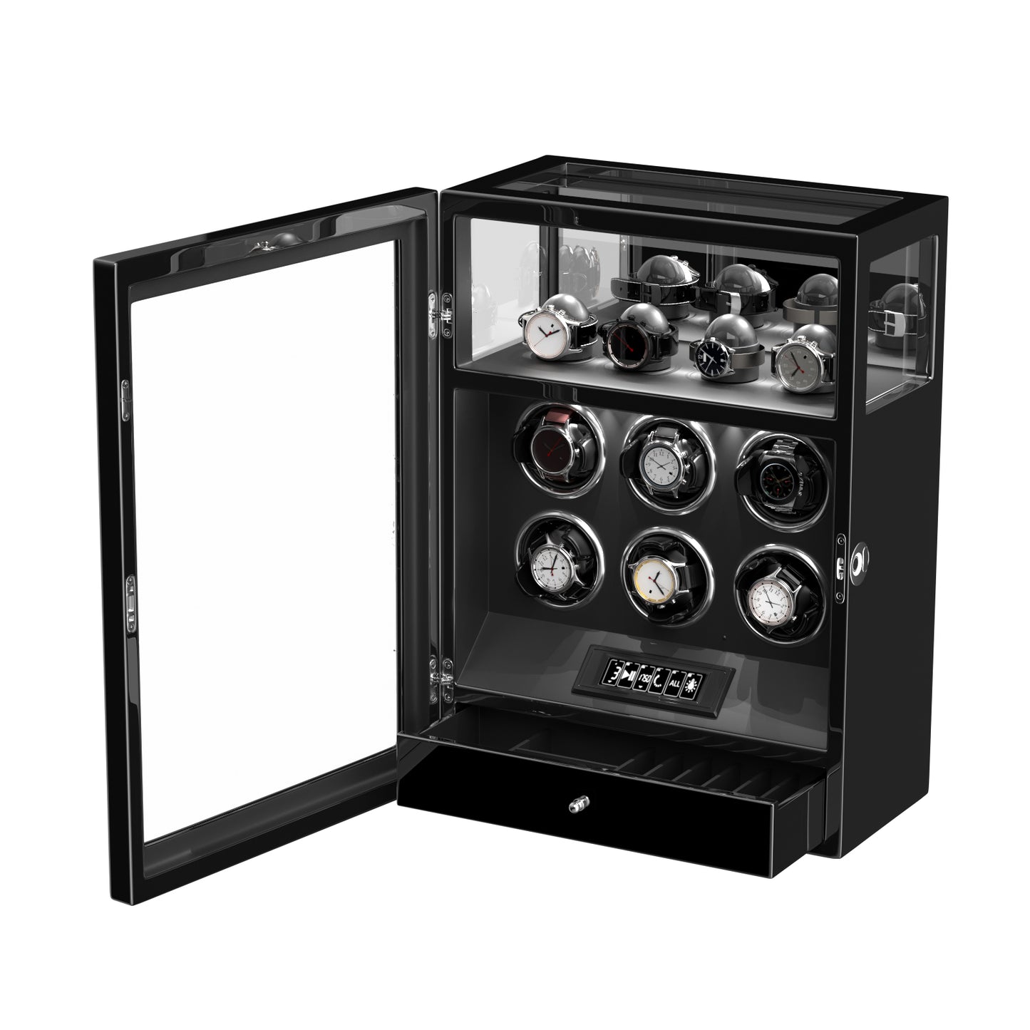 2026 IQ+ Serie - Patentierter, Intelligenter 9 Slot Uhrenbeweger | mit Tastensperre | Extra Standfläche für Schmuck | Schublade für weiteren Stauraum | LCD Touch Display | in Schwarz - Swatch x AP Royal Pop Strap - Schwarz