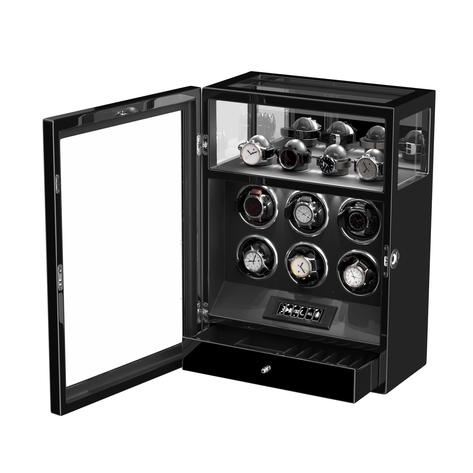 2026 IQ+ Serie - Patentierter, Intelligenter 9 Slot Uhrenbeweger | mit Tastensperre | Extra Standfläche für Schmuck | Schublade für weiteren Stauraum | LCD Touch Display | in Schwarz - Swatch x AP Royal Pop Strap - Schwarz