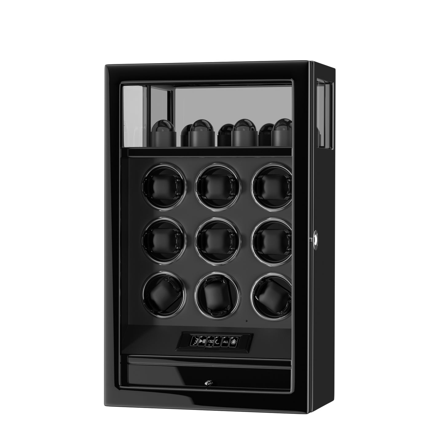 2026 IQ+ Serie - Patentierter, Intelligenter 9 Slot Uhrenbeweger | mit Tastensperre | Extra Standfläche für Schmuck | Schublade für weiteren Stauraum | LCD Touch Display | in Schwarz - Swatch x AP Royal Pop Strap - Default Title