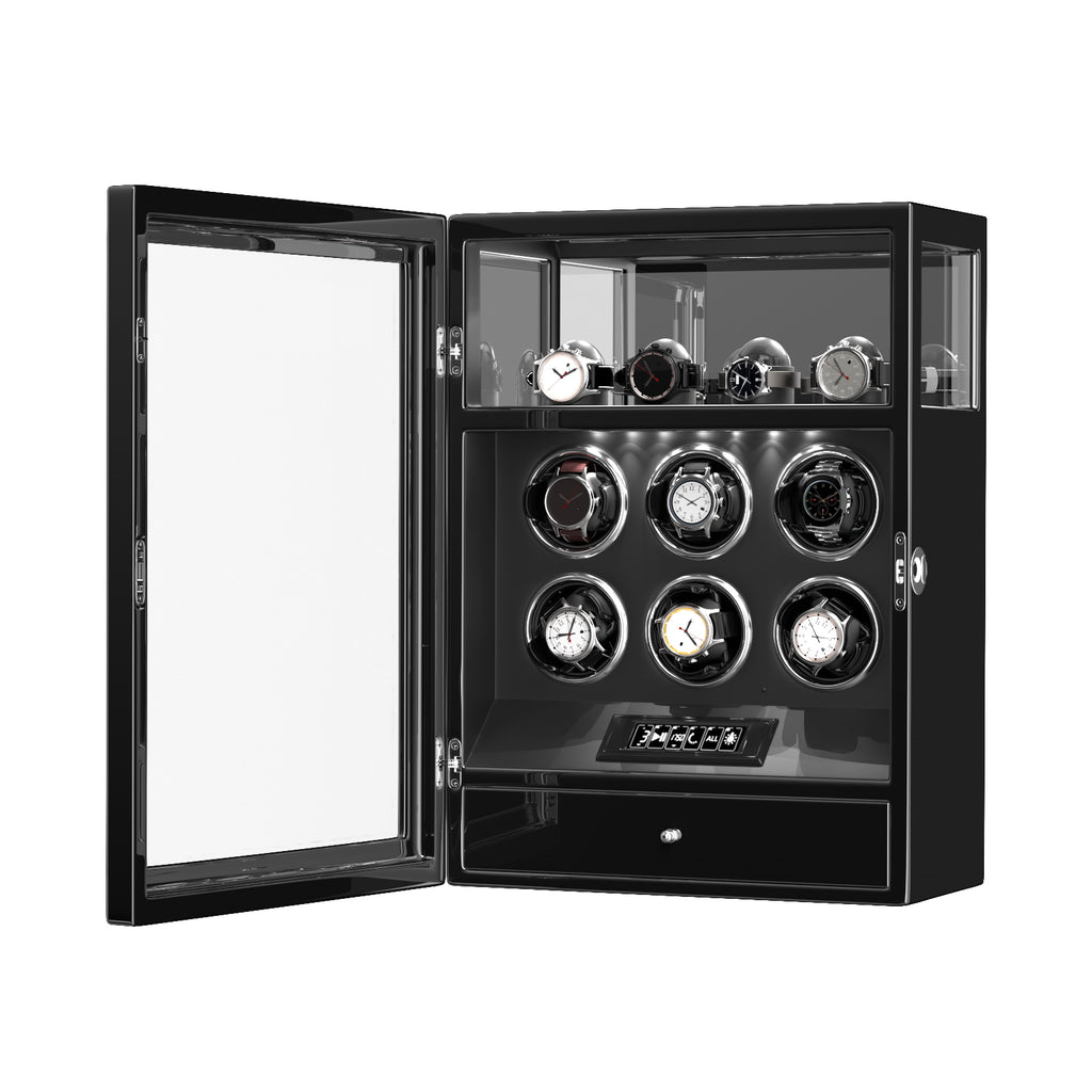 2026 IQ+ Serie - Patentierter, Intelligenter 9 Slot Uhrenbeweger | mit Tastensperre | Extra Standfläche für Schmuck | Schublade für weiteren Stauraum | LCD Touch Display | in Schwarz - Swatch x AP Royal Pop Strap - Schwarz