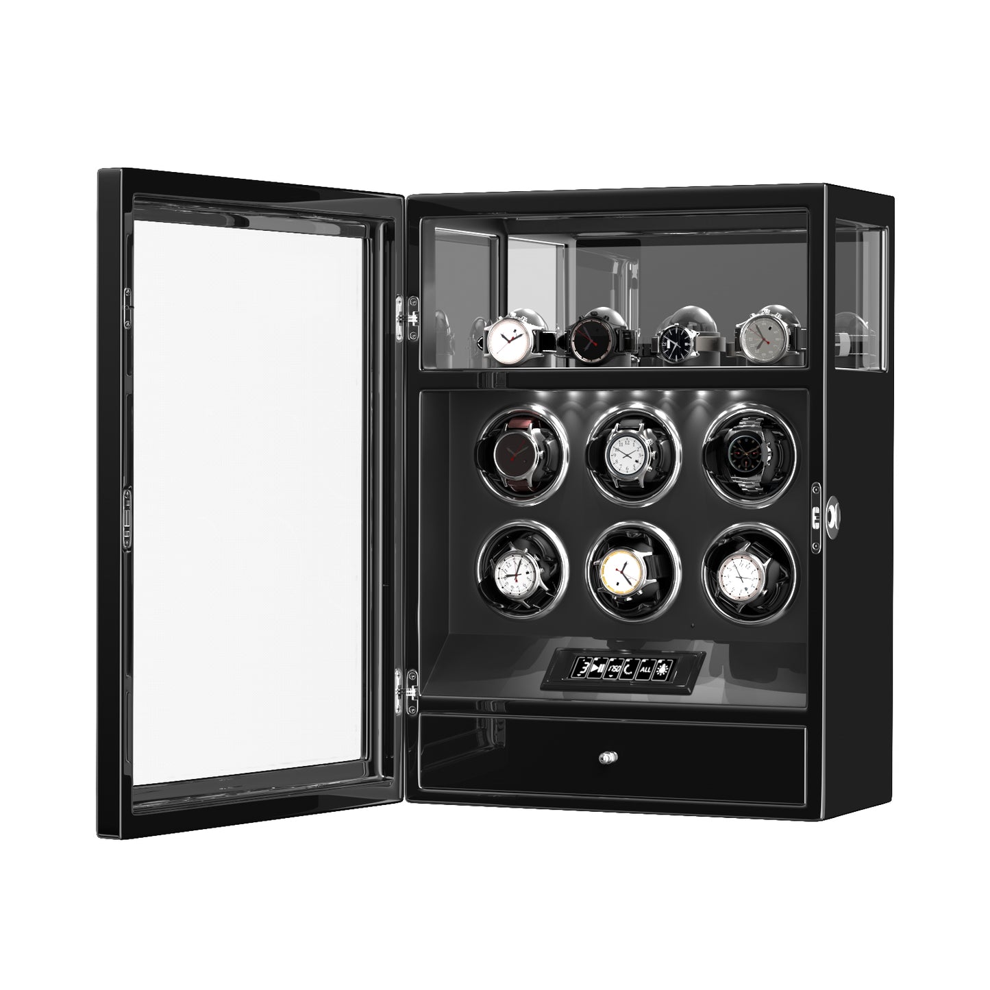 2026 IQ+ Serie - Patentierter, Intelligenter 9 Slot Uhrenbeweger | mit Tastensperre | Extra Standfläche für Schmuck | Schublade für weiteren Stauraum | LCD Touch Display | in Schwarz - Swatch x AP Royal Pop Strap - Schwarz