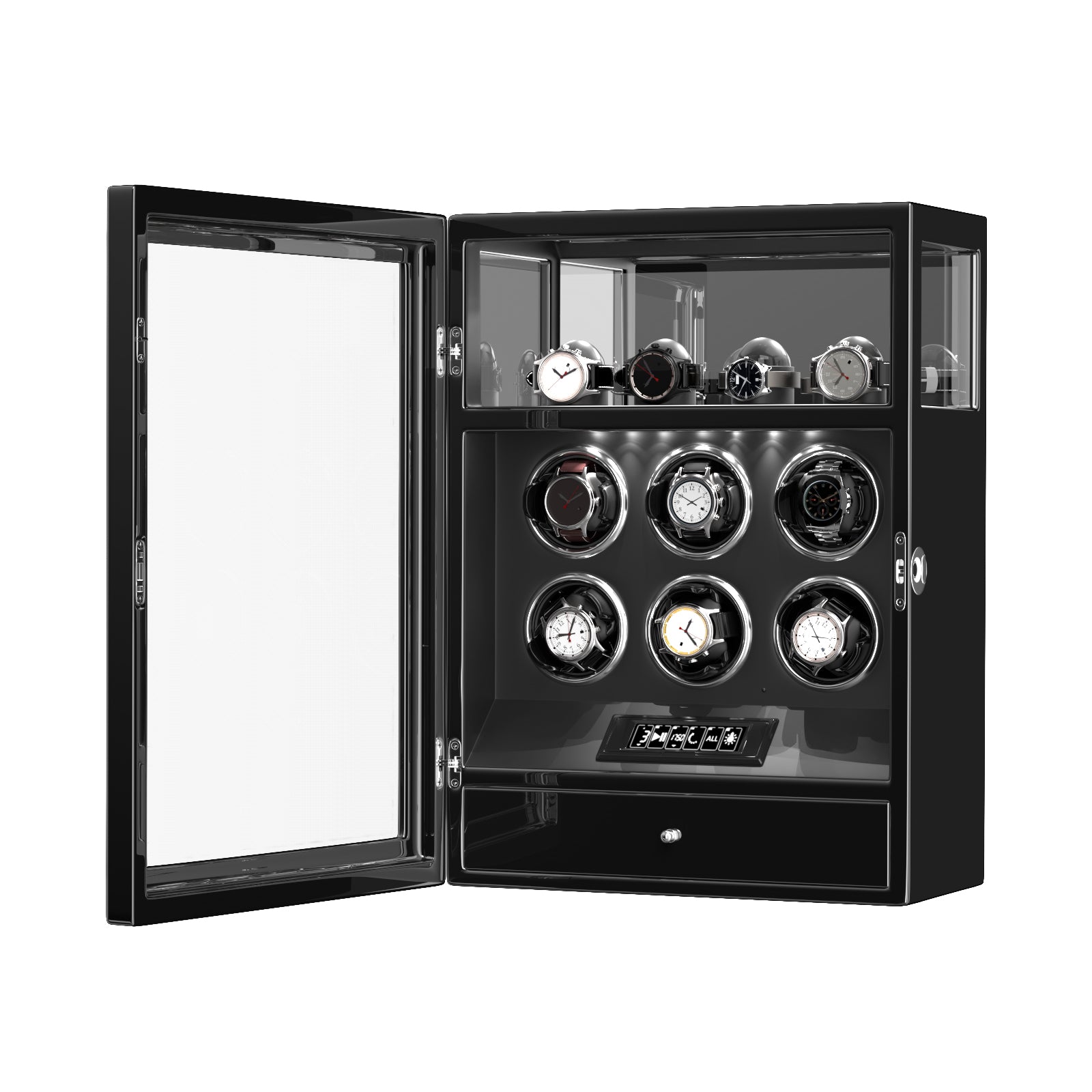 2026 IQ+ Serie - Patentierter, Intelligenter 9 Slot Uhrenbeweger | mit Tastensperre | Extra Standfläche für Schmuck | Schublade für weiteren Stauraum | LCD Touch Display | in Schwarz - Swatch x AP Royal Pop Strap - Schwarz