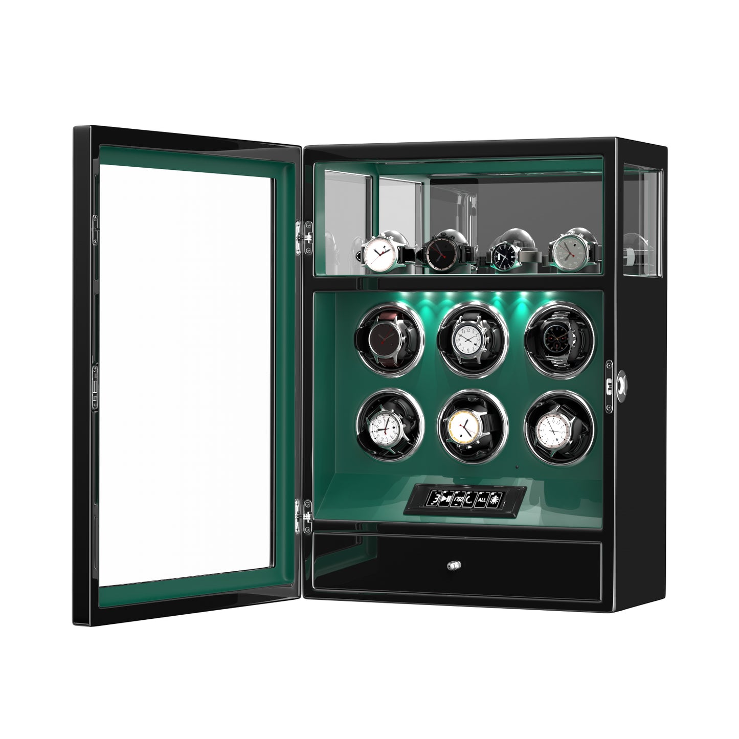 2026 IQ+ Serie - Patentierter, Intelligenter 9 Slot Uhrenbeweger | mit Tastensperre | Extra Standfläche für Schmuck | Schublade für weiteren Stauraum | LCD Touch Display | in Grün - Swatch x AP Royal Pop Strap - Default Title