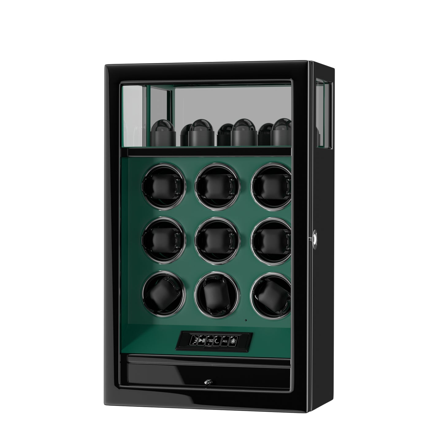 2026 IQ+ Serie - Patentierter, Intelligenter 9 Slot Uhrenbeweger | mit Tastensperre | Extra Standfläche für Schmuck | Schublade für weiteren Stauraum | LCD Touch Display | in Grün - Swatch x AP Royal Pop Strap - Grün