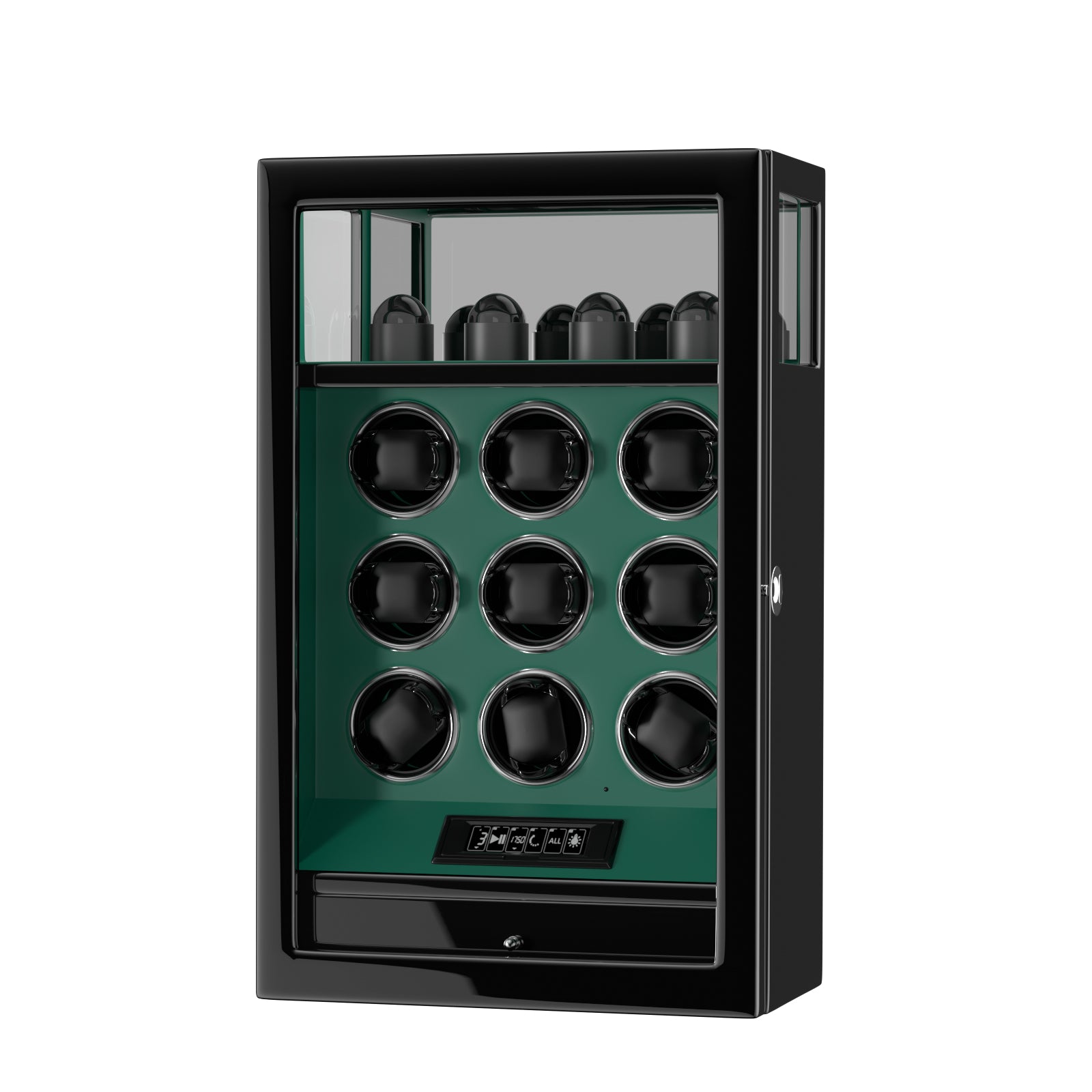2026 IQ+ Serie - Patentierter, Intelligenter 9 Slot Uhrenbeweger | mit Tastensperre | Extra Standfläche für Schmuck | Schublade für weiteren Stauraum | LCD Touch Display | in Grün - Swatch x AP Royal Pop Strap - Grün
