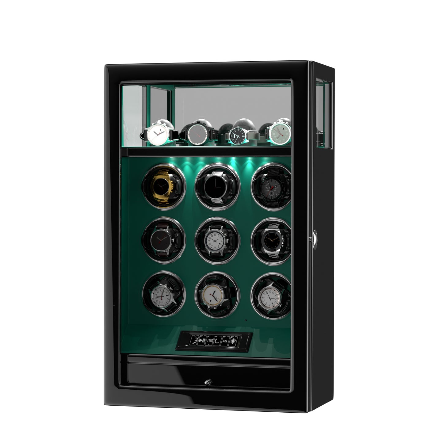 2026 IQ+ Serie - Patentierter, Intelligenter 9 Slot Uhrenbeweger | mit Tastensperre | Extra Standfläche für Schmuck | Schublade für weiteren Stauraum | LCD Touch Display | in Grün - Swatch x AP Royal Pop Strap - Grün