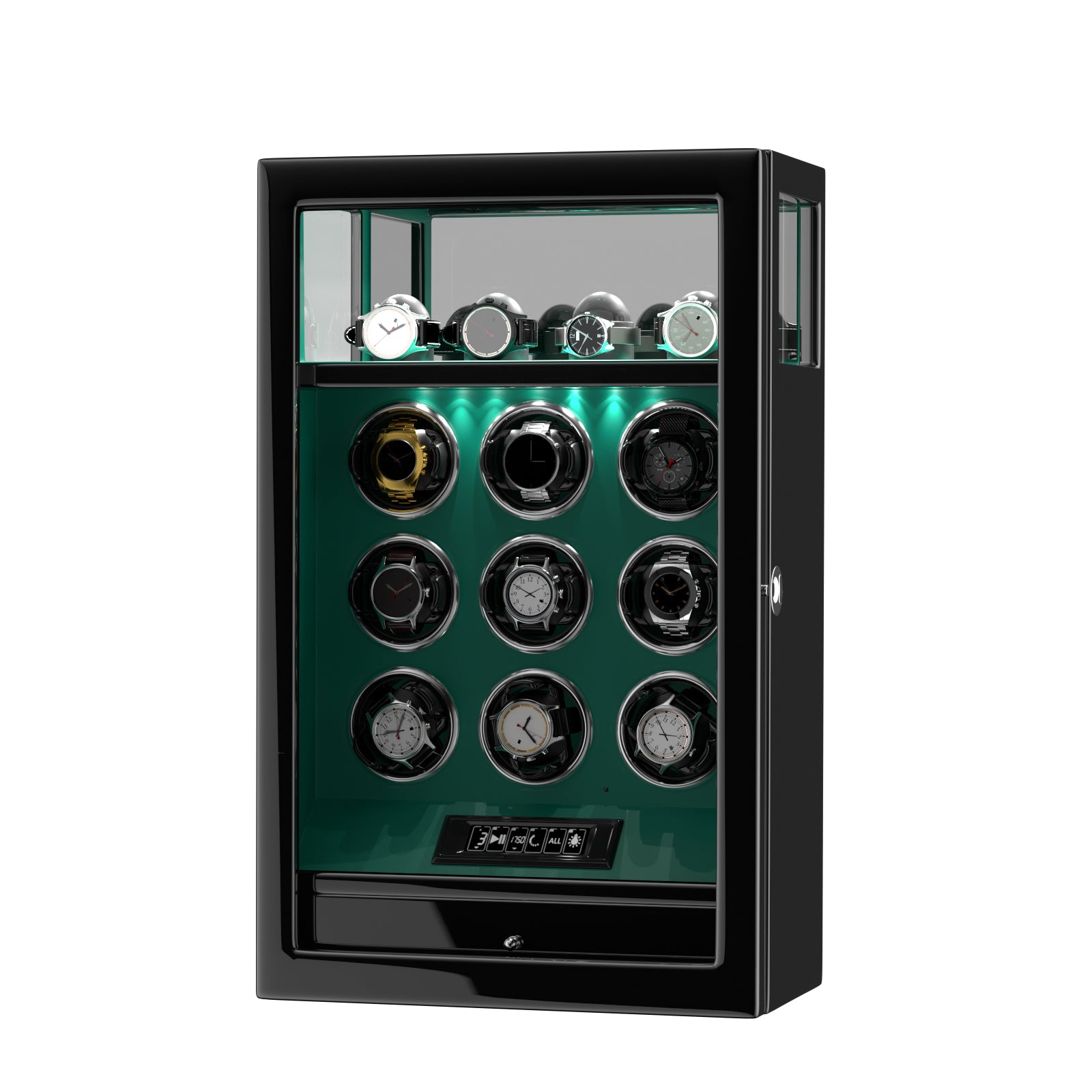 2026 IQ+ Serie - Patentierter, Intelligenter 9 Slot Uhrenbeweger | mit Tastensperre | Extra Standfläche für Schmuck | Schublade für weiteren Stauraum | LCD Touch Display | in Grün - Swatch x AP Royal Pop Strap - Grün