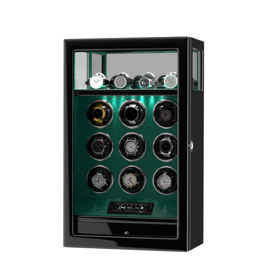 2026 IQ+ Serie - Patentierter, Intelligenter 9 Slot Uhrenbeweger | mit Tastensperre | Extra Standfläche für Schmuck | Schublade für weiteren Stauraum | LCD Touch Display | in Grün - Swatch x AP Royal Pop Strap - Grün