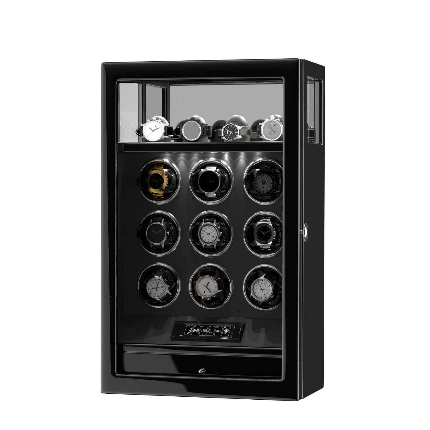 2026 IQ+ Serie - Patentierter, Intelligenter 9 Slot Uhrenbeweger | mit Tastensperre | Extra Standfläche für Schmuck | Schublade für weiteren Stauraum | LCD Touch Display | in Schwarz - Swatch x AP Royal Pop Strap - Default Title
