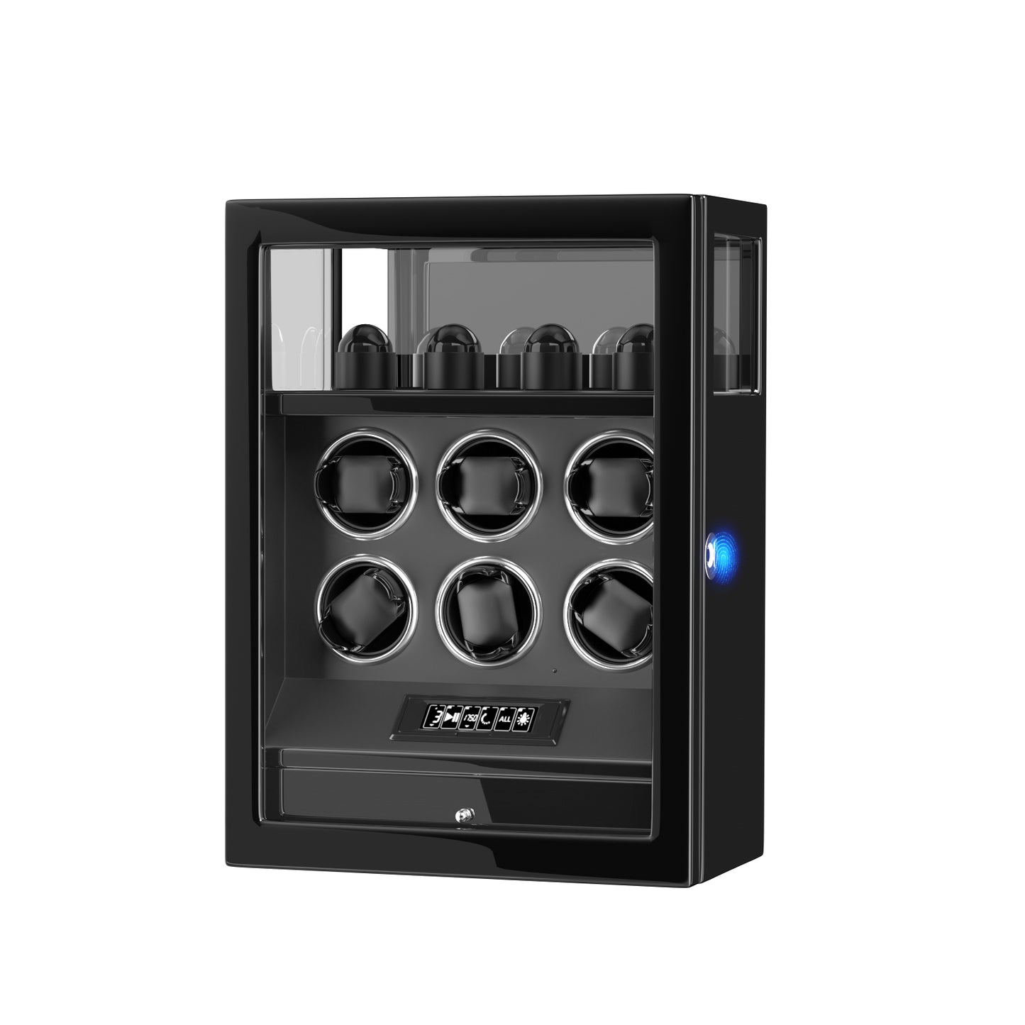 2026 IQ+ Serie - Patentierter, Intelligenter 9 Slot Uhrenbeweger | mit Tastensperre | Extra Standfläche für Schmuck | Schublade für weiteren Stauraum | LCD Touch Display | in Schwarz - Swatch x AP Royal Pop Strap - Schwarz