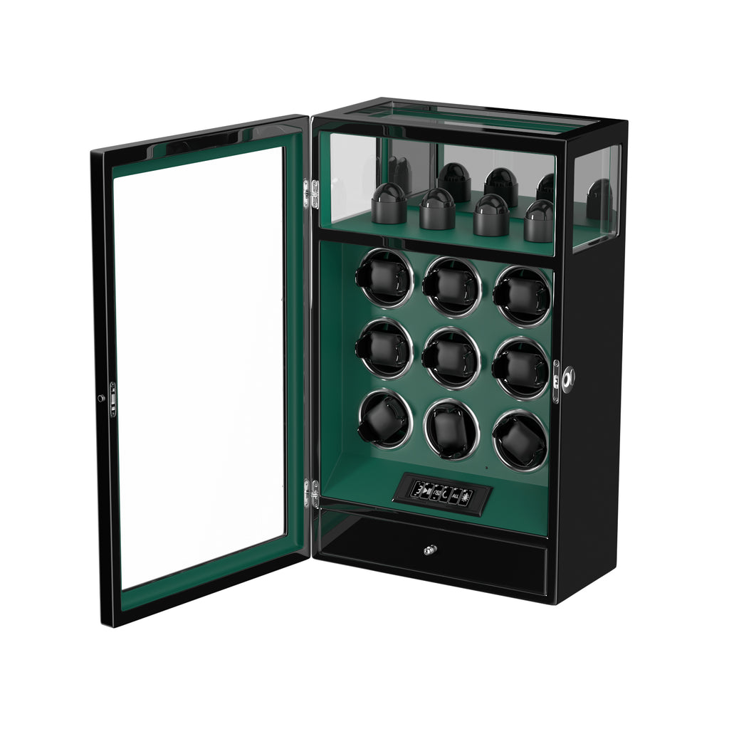 2026 IQ+ Serie - Patentierter, Intelligenter 9 Slot Uhrenbeweger | mit Tastensperre | Extra Standfläche für Schmuck | Schublade für weiteren Stauraum | LCD Touch Display | in Grün - Swatch x AP Royal Pop Strap - Grün
