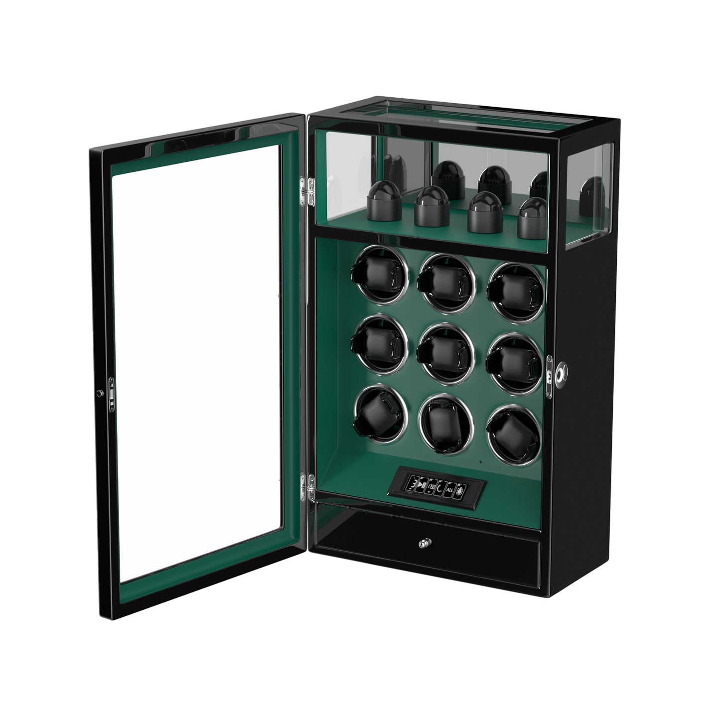 2026 IQ+ Serie - Patentierter, Intelligenter 9 Slot Uhrenbeweger | mit Tastensperre | Extra Standfläche für Schmuck | Schublade für weiteren Stauraum | LCD Touch Display | in Grün - Swatch x AP Royal Pop Strap - Grün