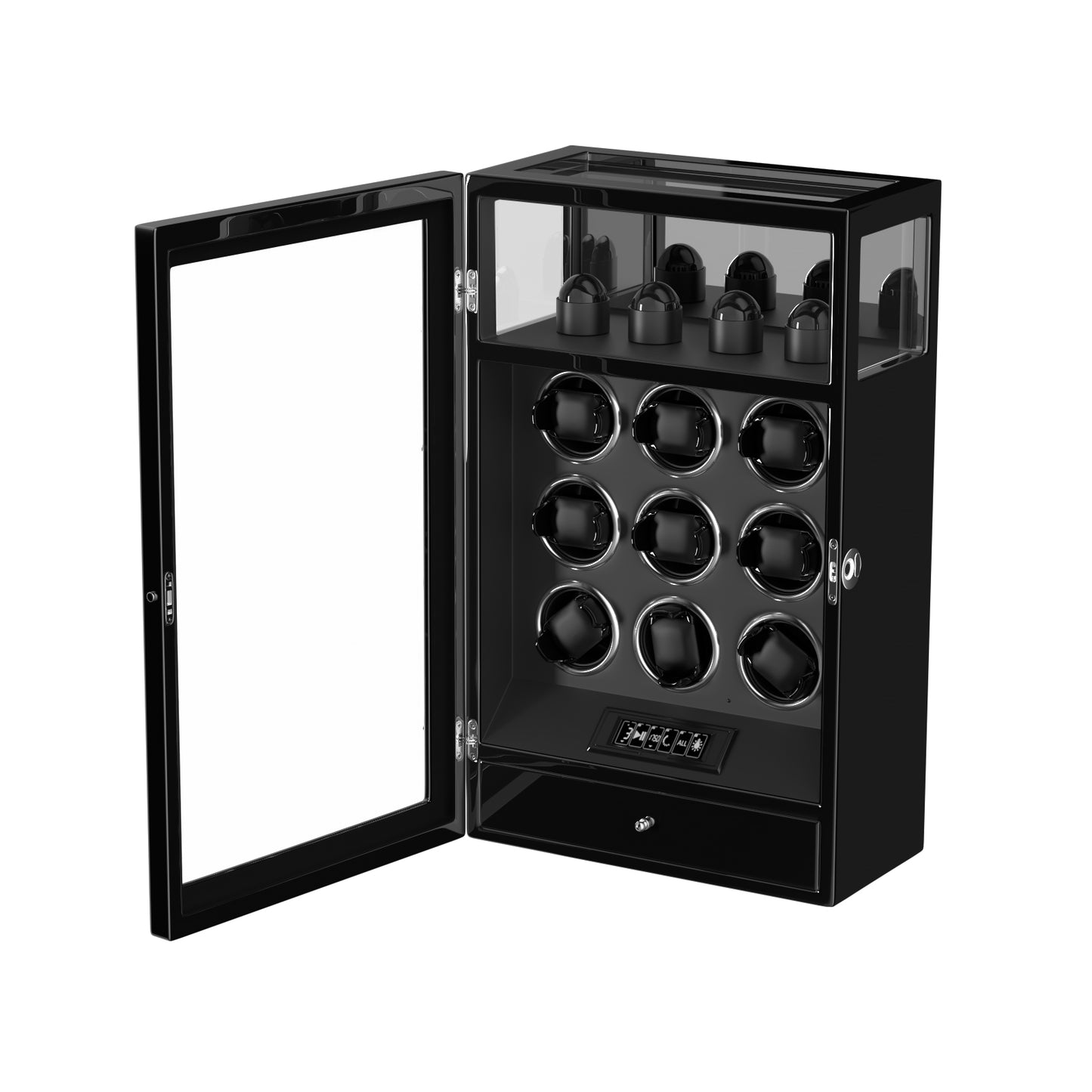 2026 IQ+ Serie - Patentierter, Intelligenter 9 Slot Uhrenbeweger | mit Tastensperre | Extra Standfläche für Schmuck | Schublade für weiteren Stauraum | LCD Touch Display | in Schwarz - Swatch x AP Royal Pop Strap - Default Title