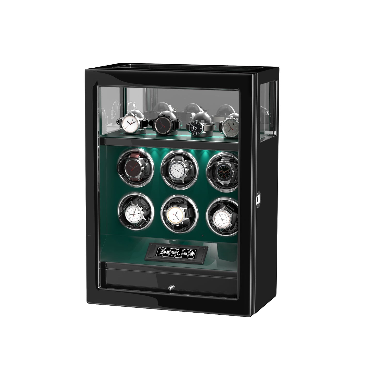 2026 IQ+ Serie - Patentierter, Intelligenter 9 Slot Uhrenbeweger | mit Tastensperre | Extra Standfläche für Schmuck | Schublade für weiteren Stauraum | LCD Touch Display | in Grün - Swatch x AP Royal Pop Strap - Default Title