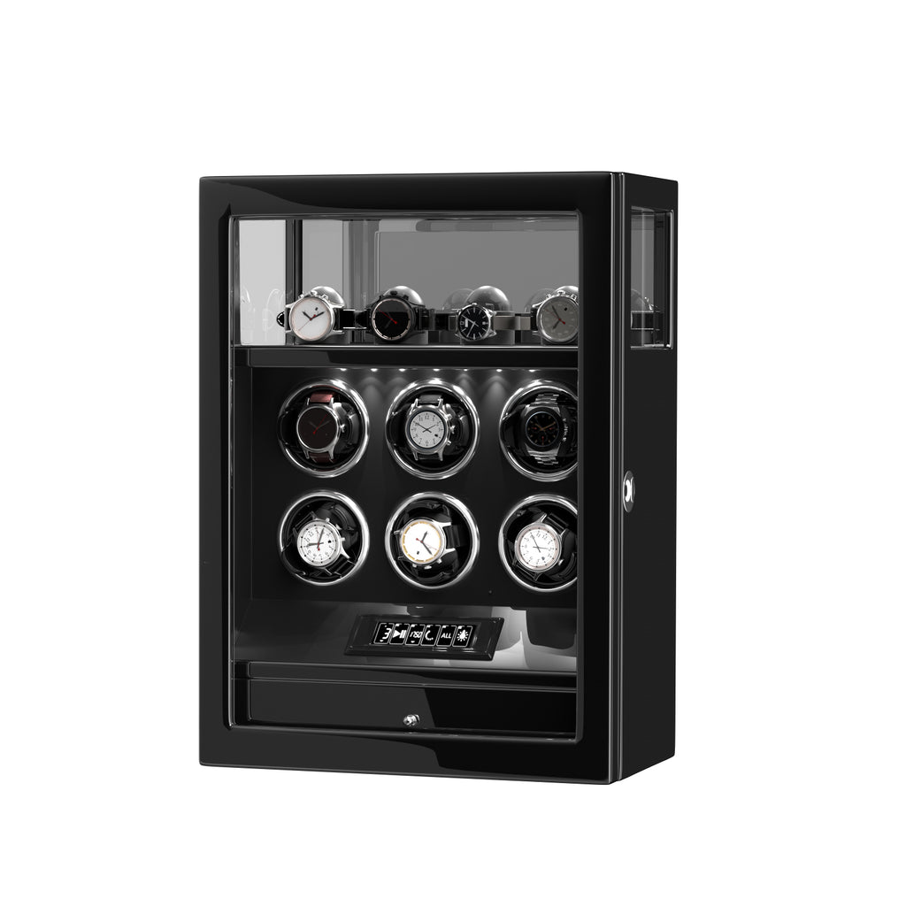 2026 IQ+ Serie - Patentierter, Intelligenter 9 Slot Uhrenbeweger | mit Tastensperre | Extra Standfläche für Schmuck | Schublade für weiteren Stauraum | LCD Touch Display | in Schwarz - Swatch x AP Royal Pop Strap - Schwarz