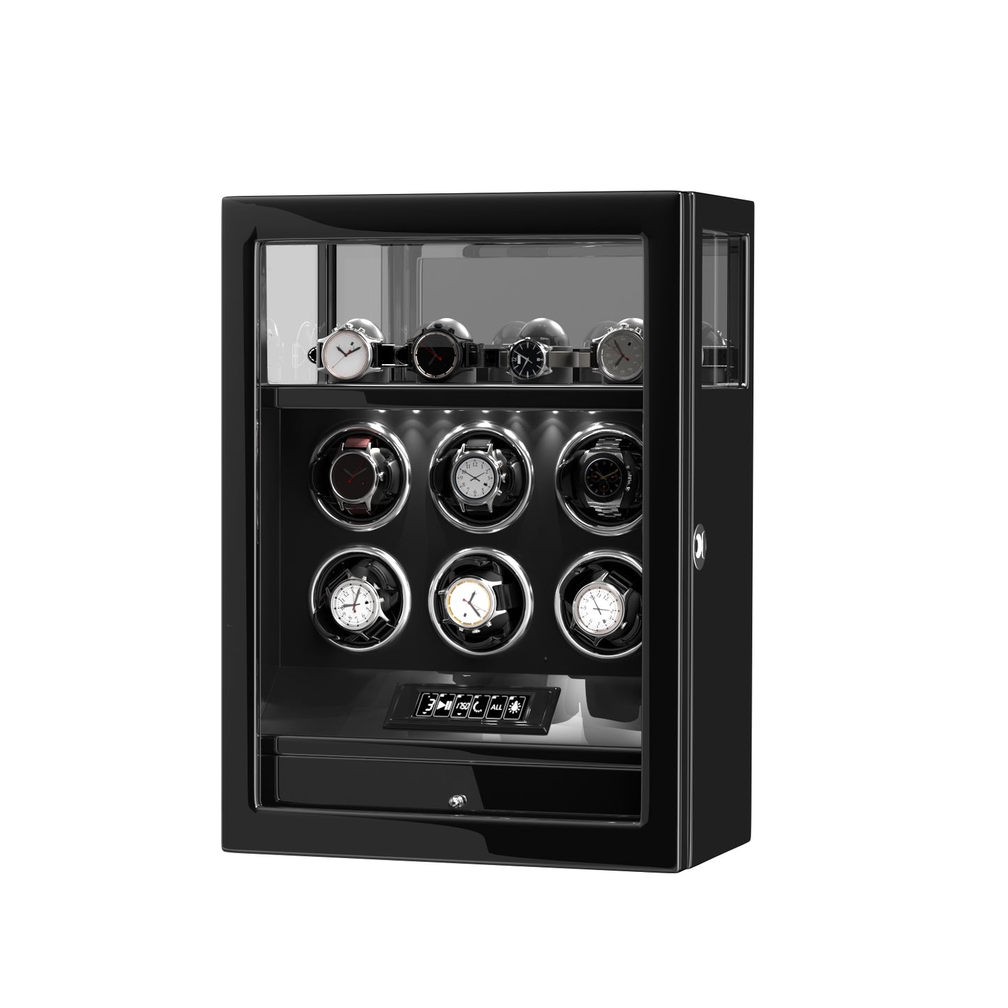 2026 IQ+ Serie - Patentierter, Intelligenter 9 Slot Uhrenbeweger | mit Tastensperre | Extra Standfläche für Schmuck | Schublade für weiteren Stauraum | LCD Touch Display | in Schwarz - Swatch x AP Royal Pop Strap - Schwarz