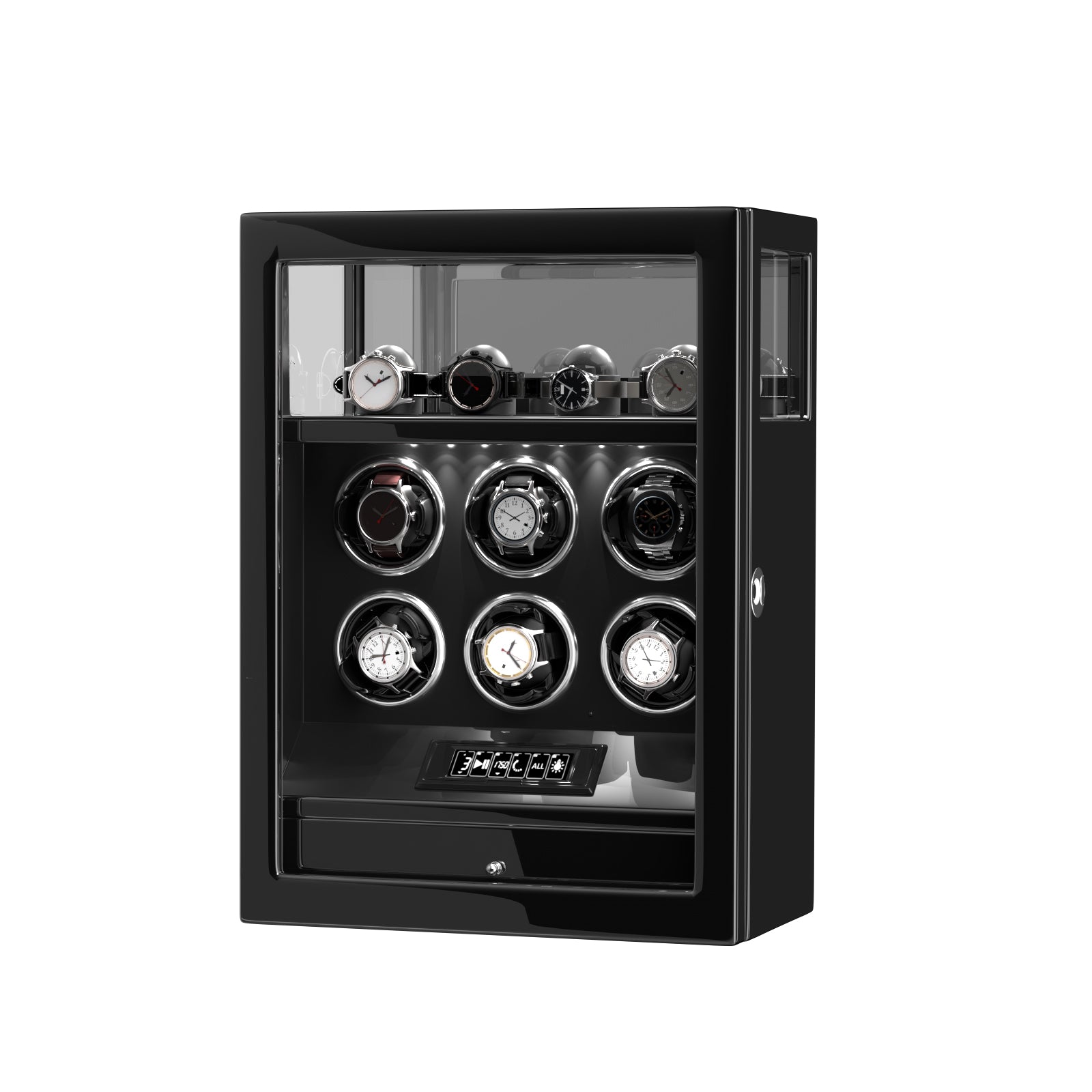 2026 IQ+ Serie - Patentierter, Intelligenter 9 Slot Uhrenbeweger | mit Tastensperre | Extra Standfläche für Schmuck | Schublade für weiteren Stauraum | LCD Touch Display | in Schwarz - Swatch x AP Royal Pop Strap - Schwarz