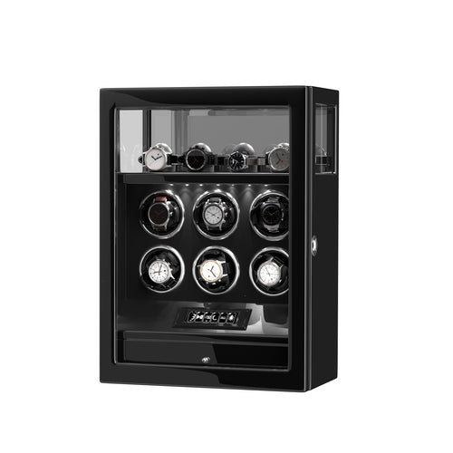 2026 IQ+ Serie - Patentierter, Intelligenter 9 Slot Uhrenbeweger | mit Tastensperre | Extra Standfläche für Schmuck | Schublade für weiteren Stauraum | LCD Touch Display | in Schwarz - Swatch x AP Royal Pop Strap - Schwarz