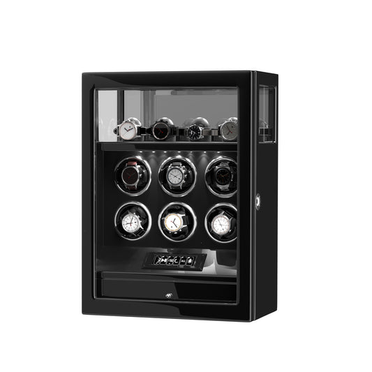 2026 IQ+ Serie - Patentierter, Intelligenter 9 Slot Uhrenbeweger | mit Tastensperre | Extra Standfläche für Schmuck | Schublade für weiteren Stauraum | LCD Touch Display | in Schwarz - Swatch x AP Royal Pop Strap - Schwarz