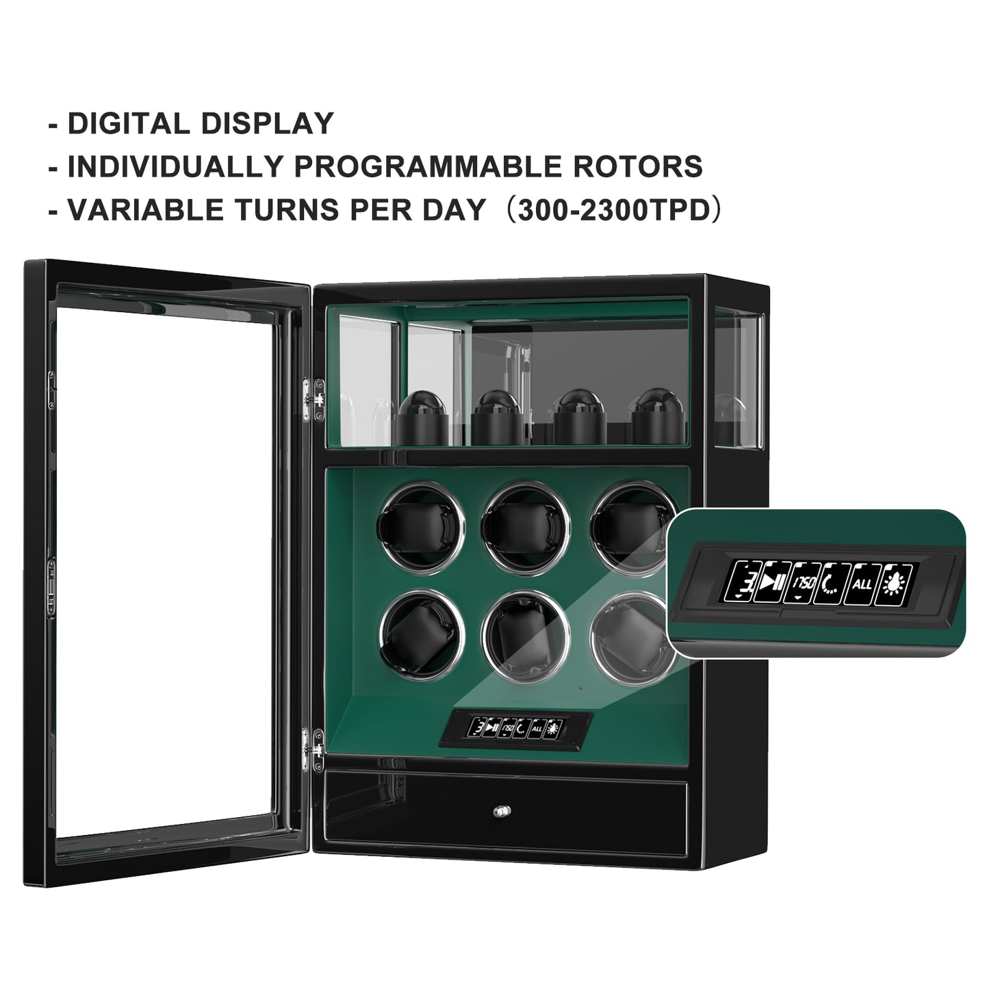 2026 IQ+ Serie - Patentierter, Intelligenter 9 Slot Uhrenbeweger | mit Tastensperre | Extra Standfläche für Schmuck | Schublade für weiteren Stauraum | LCD Touch Display | in Grün - Swatch x AP Royal Pop Strap - Default Title