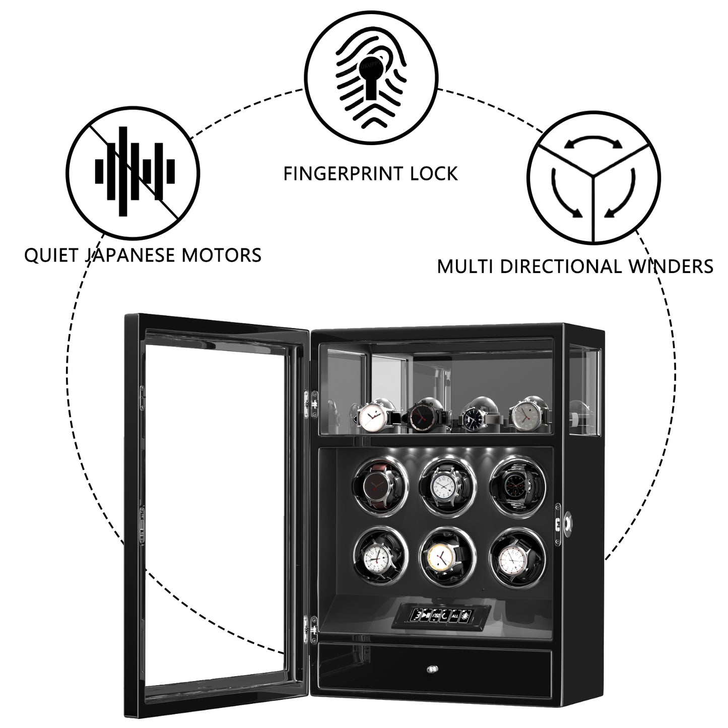 2026 IQ+ Serie - Patentierter, Intelligenter 9 Slot Uhrenbeweger | mit Tastensperre | Extra Standfläche für Schmuck | Schublade für weiteren Stauraum | LCD Touch Display | in Schwarz - Swatch x AP Royal Pop Strap - Schwarz