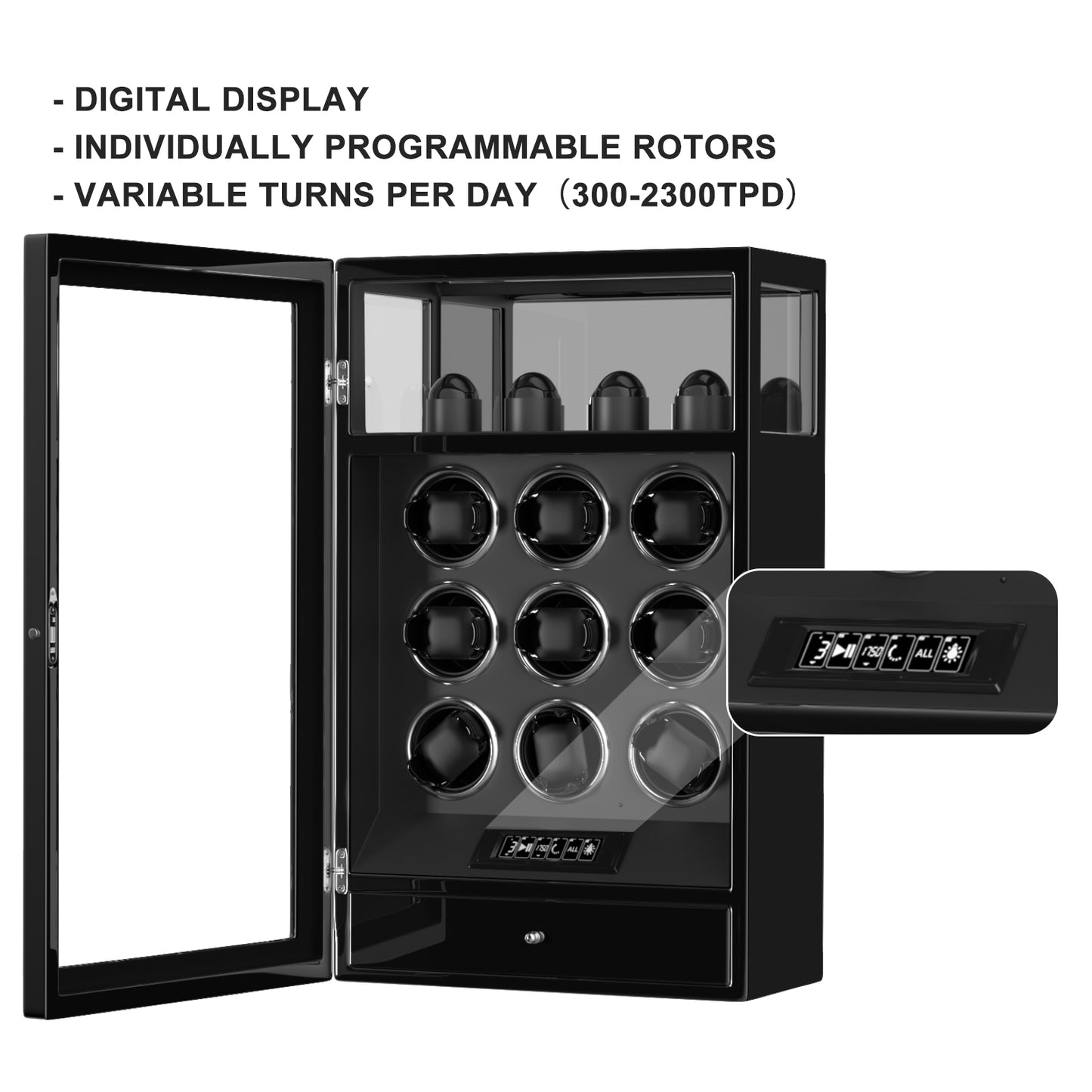 2026 IQ+ Serie - Patentierter, Intelligenter 9 Slot Uhrenbeweger | mit Tastensperre | Extra Standfläche für Schmuck | Schublade für weiteren Stauraum | LCD Touch Display | in Schwarz - Swatch x AP Royal Pop Strap - Default Title
