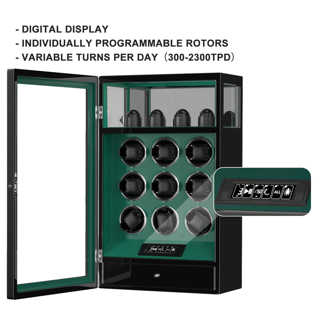 2026 IQ+ Serie - Patentierter, Intelligenter 9 Slot Uhrenbeweger | mit Tastensperre | Extra Standfläche für Schmuck | Schublade für weiteren Stauraum | LCD Touch Display | in Grün - Swatch x AP Royal Pop Strap - Grün