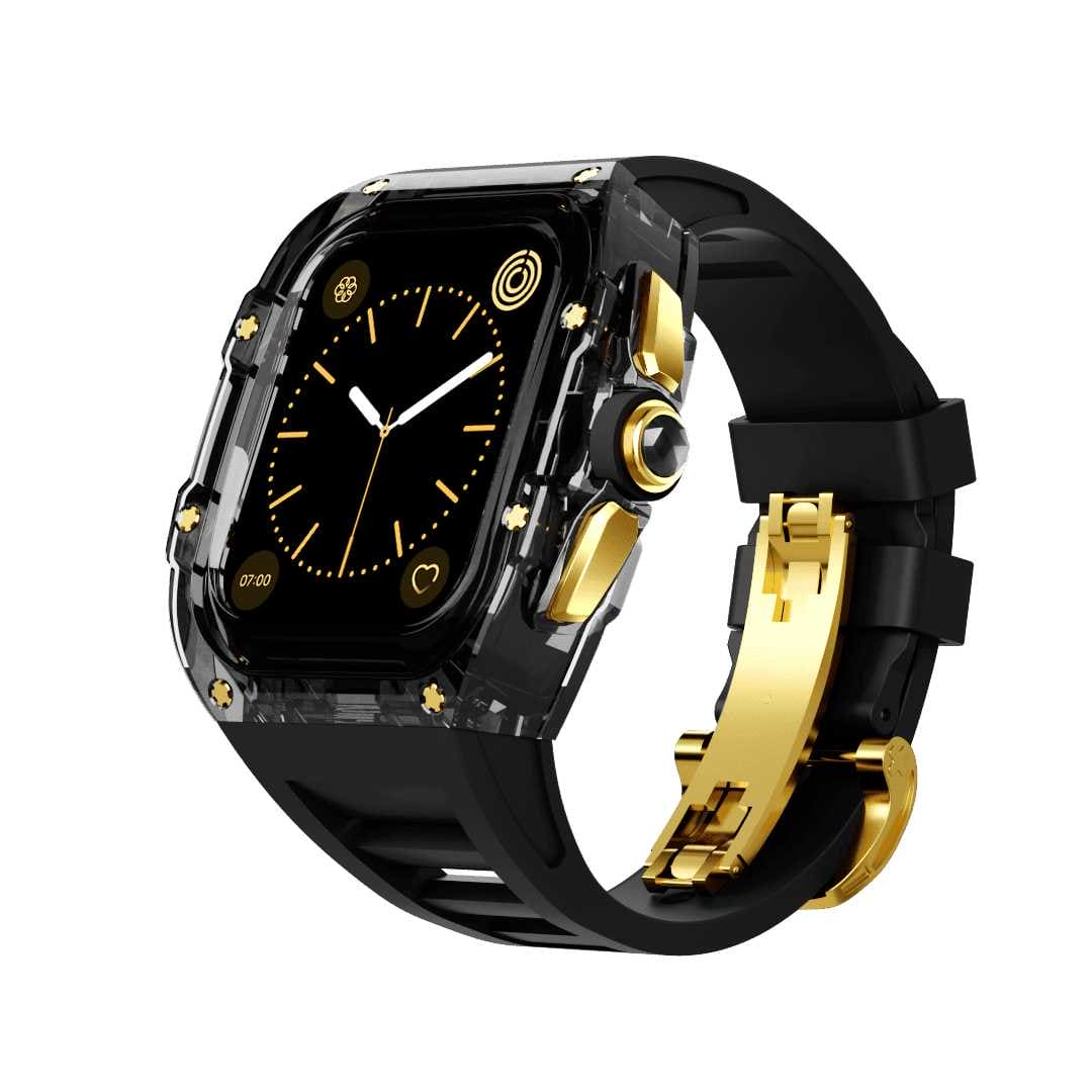 Apple Watch Hülle und Band | Polykarbongehäuse mit Kautschuk-Band | Mittelrahmen Silber/Gold | aus Polykarbonat - Swatch x AP Royal Pop Strap - Schwarz-Gold / Schwarz