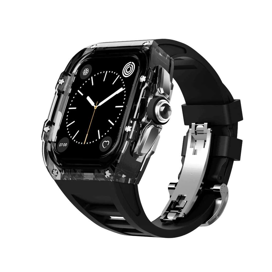 Apple Watch Hülle und Band | Polykarbongehäuse mit Kautschuk-Band | Mittelrahmen Silber/Gold | aus Polykarbonat - Swatch x AP Royal Pop Strap - Schwarz-Silber / Schwarz