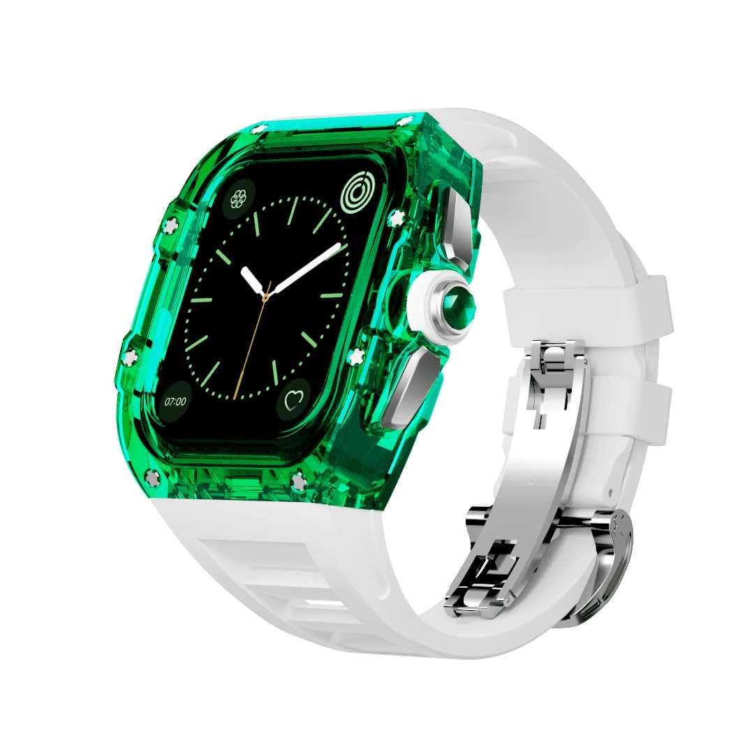 Apple Watch Hülle und Band | Polykarbongehäuse mit Kautschuk-Band | Mittelrahmen Silber/Gold | aus Polykarbonat - Swatch x AP Royal Pop Strap - Grün / Weiß