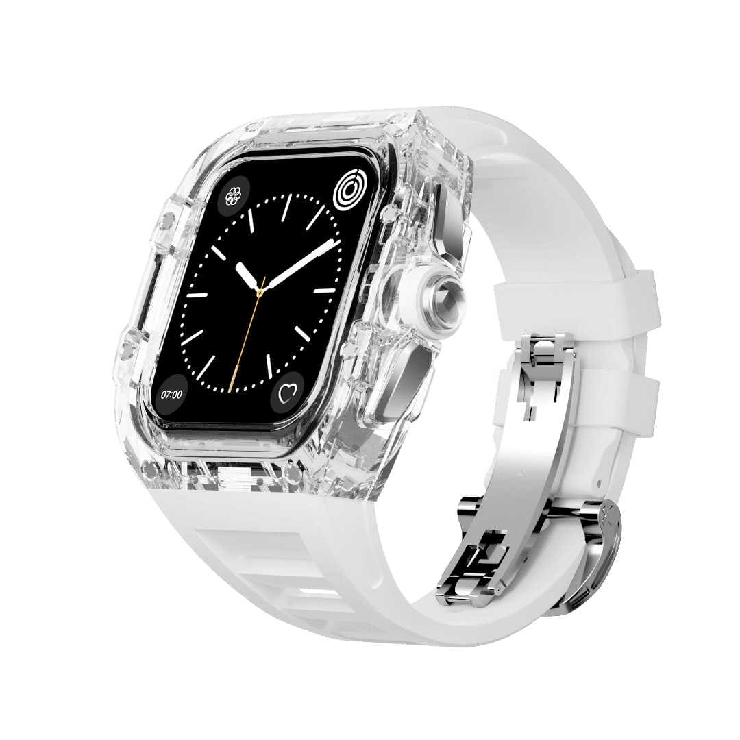 Apple Watch Hülle und Band | Polykarbongehäuse mit Kautschuk-Band | Mittelrahmen Silber/Gold | aus Polykarbonat - Swatch x AP Royal Pop Strap - Weiß / Weiß