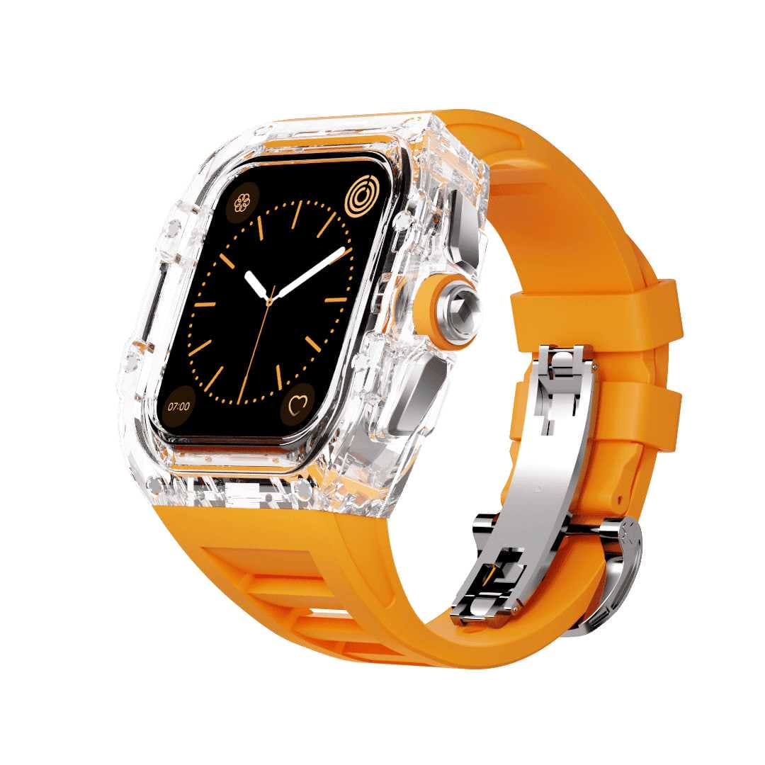 Apple Watch Hülle und Band | Polykarbongehäuse mit Kautschuk-Band | Mittelrahmen Silber/Gold | aus Polykarbonat - Swatch x AP Royal Pop Strap - Weiß / Orange