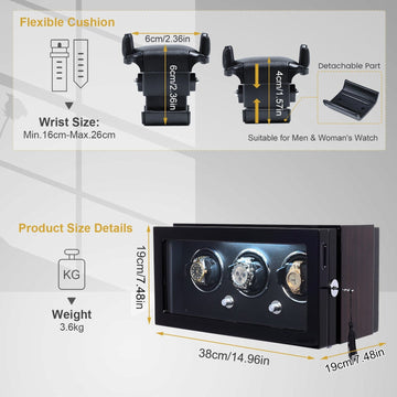 Amalfi Series - 3 Slot Watch Winder | with key lock | in wood and black leather