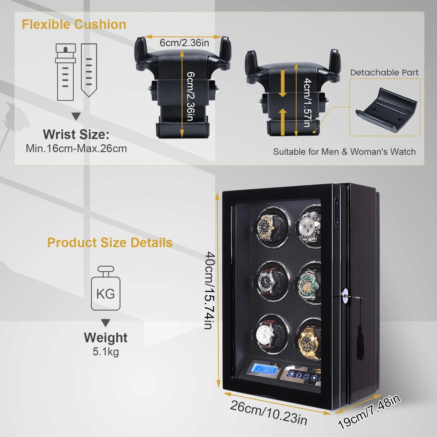 Amalfi Serie - 6 Slot Uhrenbeweger | mit Tastensperre | Smart LCD Touch-Screen in Holz und Schwarzleder - Swatch x AP Royal Pop Strap - Default Title