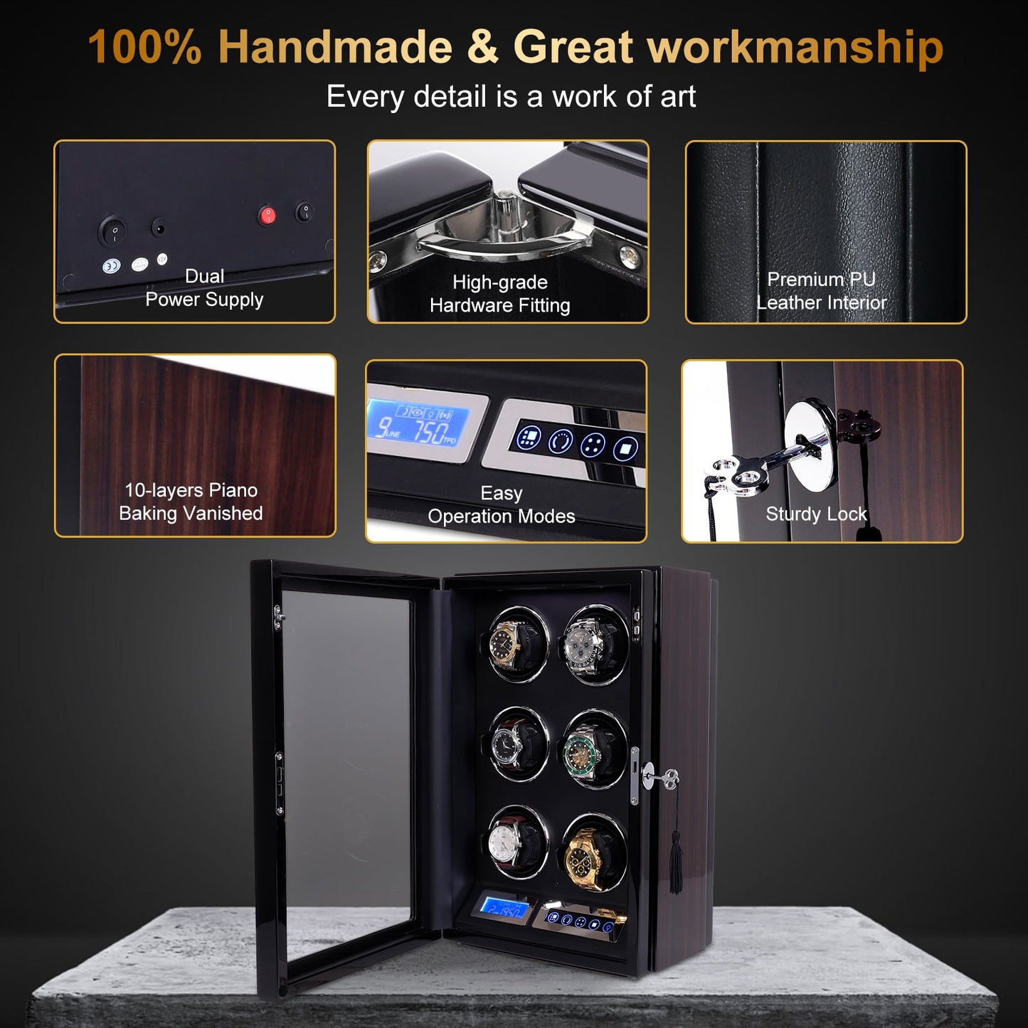 Amalfi Serie - 6 Slot Uhrenbeweger | mit Tastensperre | Smart LCD Touch-Screen in Holz und Schwarzleder - Swatch x AP Royal Pop Strap - Default Title