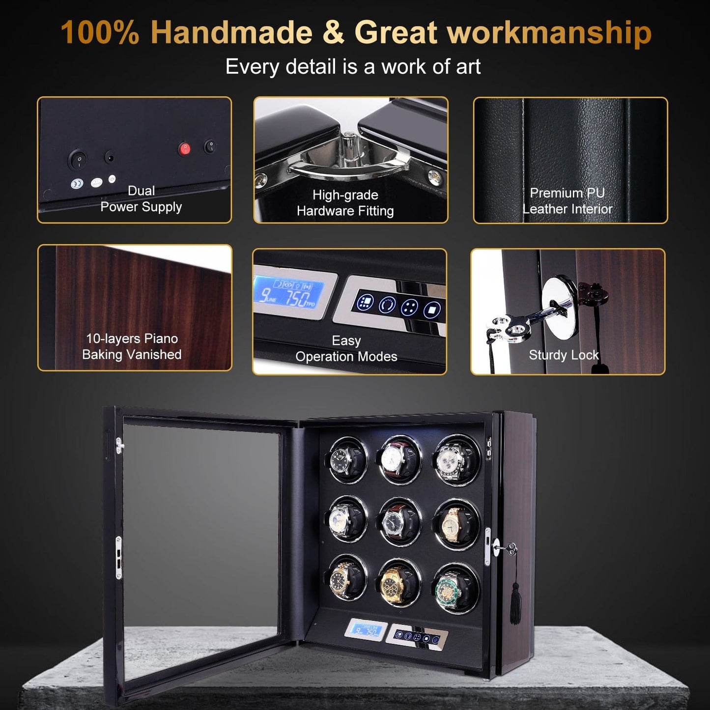 Amalfi Serie - 9 Slot Uhrenbeweger | mit Tastensperre | Smart LCD Touch-Screen in Holz und Schwarzleder - Swatch x AP Royal Pop Strap - Default Title