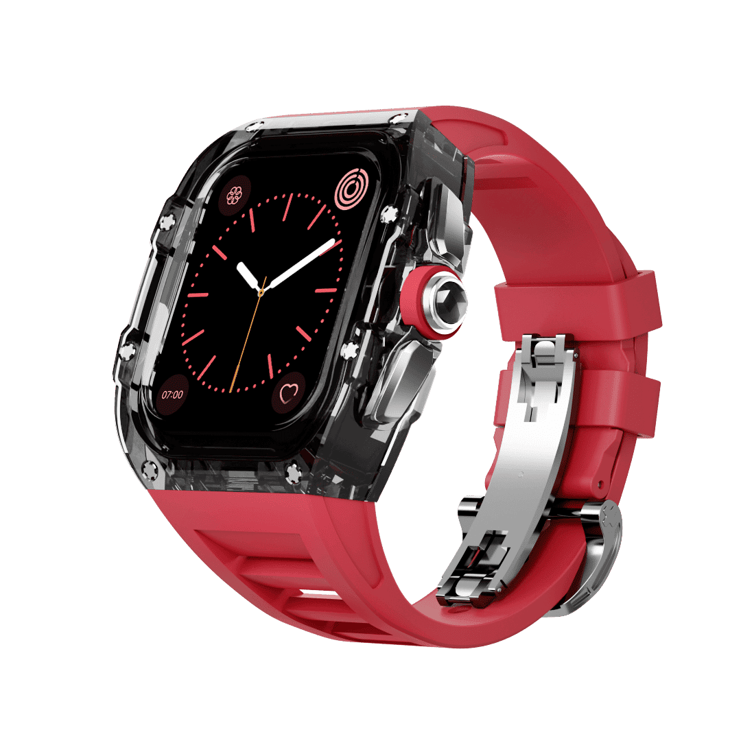 Apple Watch Hülle und Band | Polykarbongehäuse mit Kautschuk-Band | Mittelrahmen Silber/Gold | aus Polykarbonat - Swatch x AP Royal Pop Strap - Schwarz / Rot