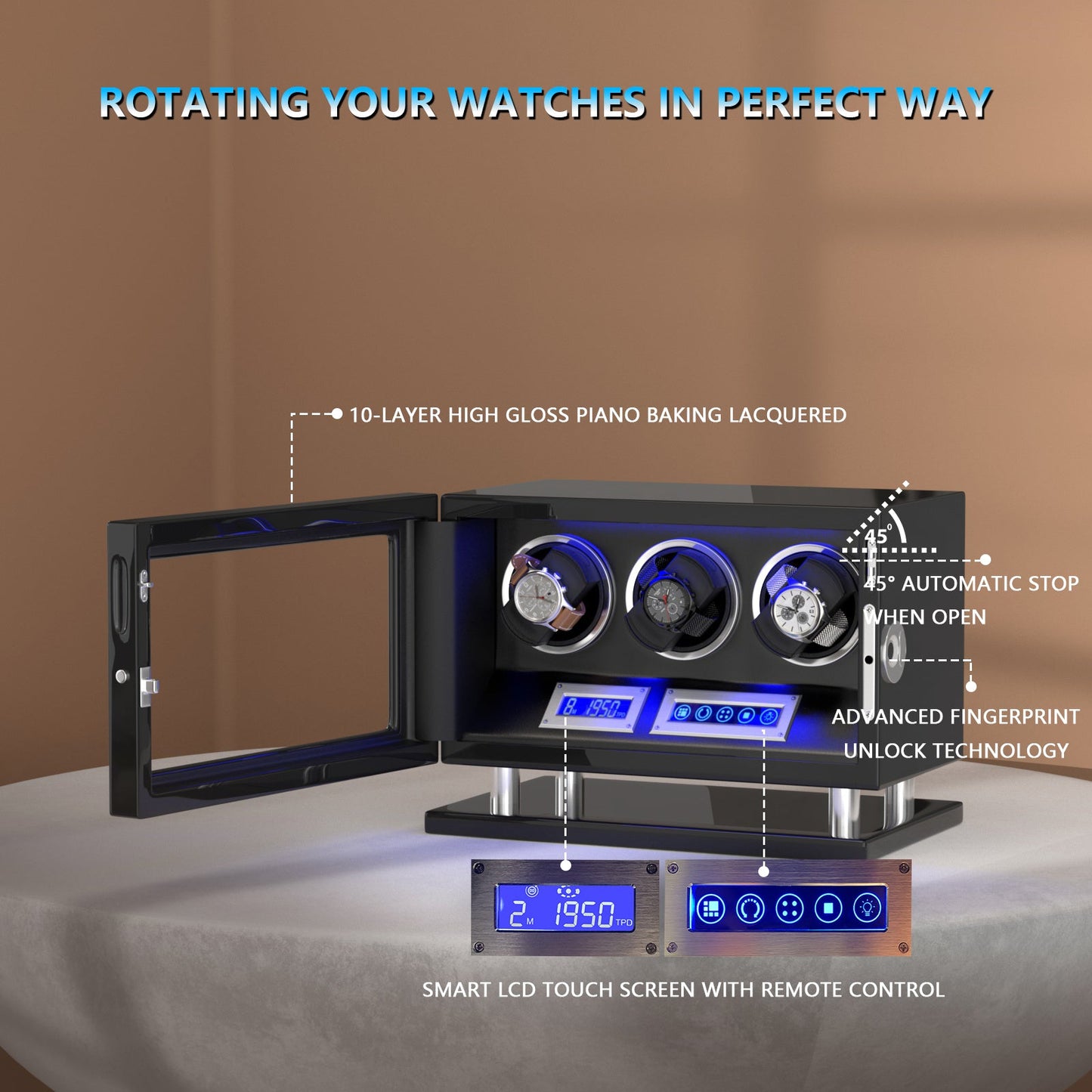 Genius Serie - 3 Slot Uhrenbeweger | mit integrierter Fingerabdruck-Sperre | Smart LCD Touch-Screen | in Schwarz - Swatch x AP Royal Pop Strap - Default Title