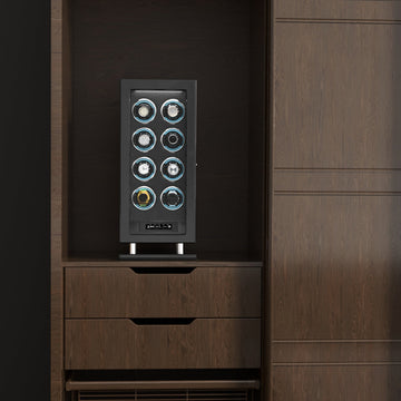 Genius Series - 8 Slot Watch Winder | with integrated fingerprint lock | in wood and black leather look