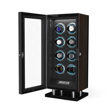 Genius Series - 8 Slot Watch Winder | with integrated fingerprint lock | in wood and black leather look