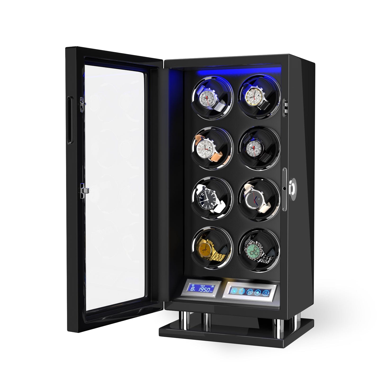 Genius Serie - 8 Slot Uhrenbeweger | mit integrierter Fingerabdruck-Sperre | Smart LCD Touch-Screen | in Schwarz - Scirocco Labs