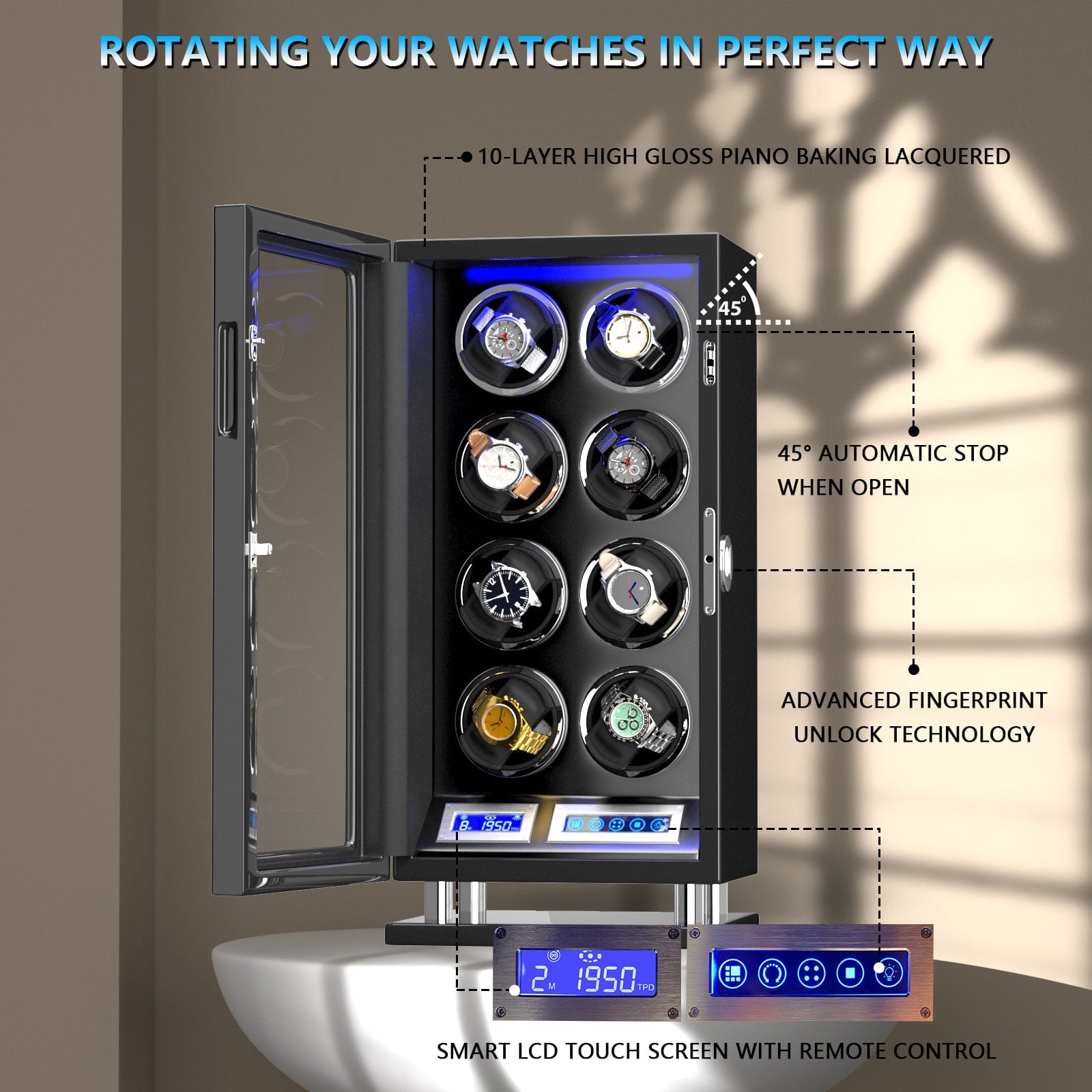 Genius Serie - 8 Slot Uhrenbeweger | mit integrierter Fingerabdruck-Sperre | Smart LCD Touch-Screen | in Schwarz - Scirocco Labs